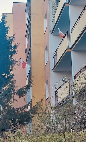 Flagi wywieszone na balkonach starych bloków mieszkalnych